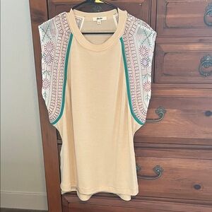 Cream Sleeveless Top with Floral Sleeves Size Large NWOT